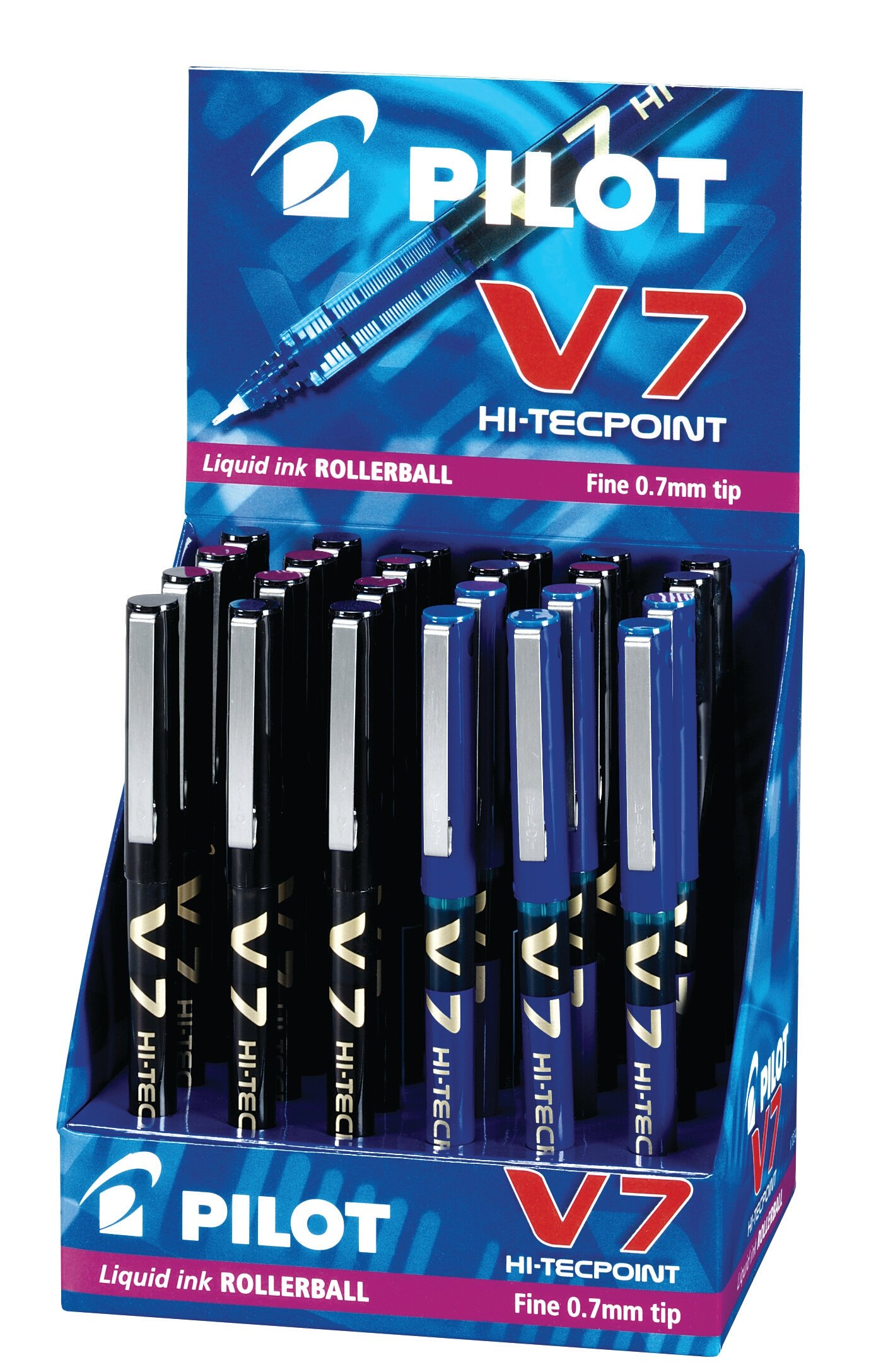 Pilot V7 Liquid Ink Rollerball 0.7 mm Tip Display of 24 - Blue/Blue