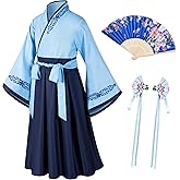 Asian Traditional Dress Kimono Robe for Kids Girls Costume Silk Folding Fans hairstick Cosplay