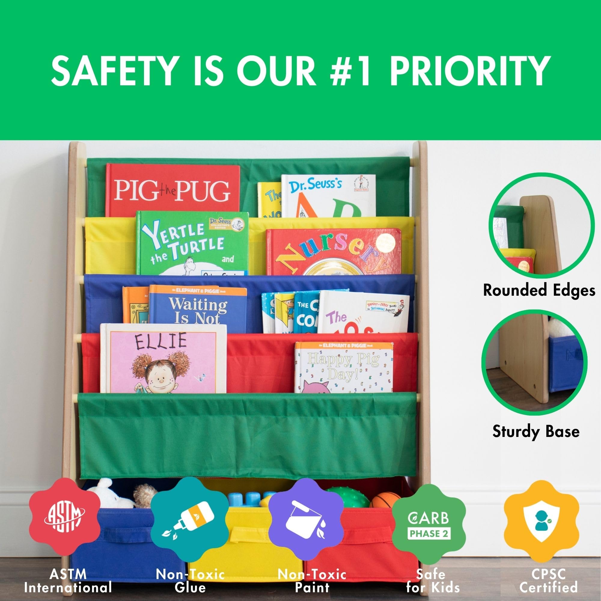 Humble Crew 4-Tier Kids Bookshelf and 3 Bins Toy Storage, Natural and Primary - Book Shelf for Kids Rooms with Four Deep Pockets - Toddler Sling Book Rack with Deep Sleeves, Nursery Bookcase Organizer