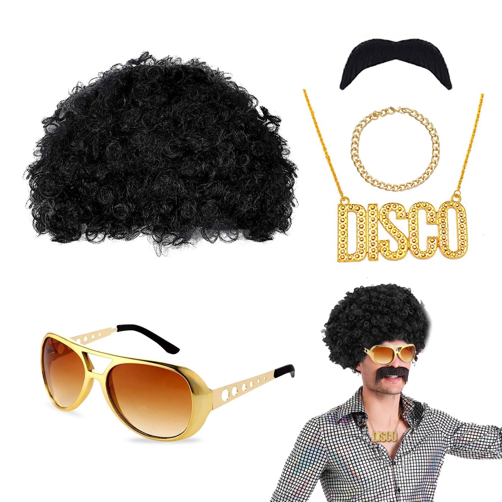 VIKSAUN 5 Pcs Disco Hippie Costume, Funky Afro Wig, Hippie Wig, Hippy Fancy Dress Men, HIppie Accessories, for 60s 70s 80s Fancy Dress Costume Disco Themed Party (5 Pcs)