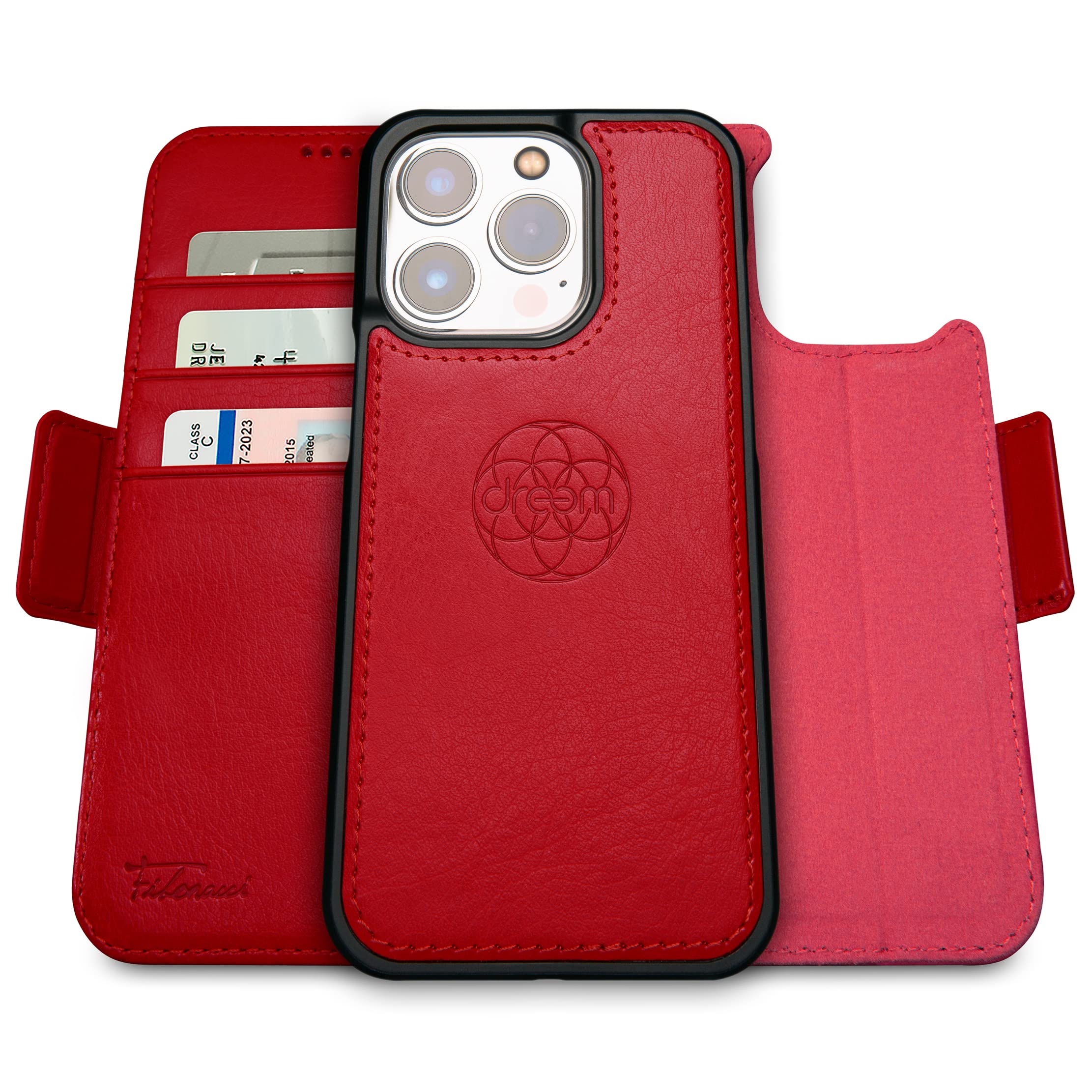 dreem Wallet Case for iPhone 14 Pro Max, 2 Way Phone Stand, Magnetic Detachable Vegan Leather Flip Cover RFID Blocking Card Holder, MagSafe-Fit, Gift Box [Fibonacci: Red] — image 1