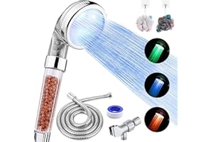 FASTRAS LED Shower Head with Handheld, High Pressure Shower Head with Hose, Holder & PTFE Tape etc, 3 Water Temperature-Controlled Water Saving Filtered Shower Head for Dry Hair& Skin