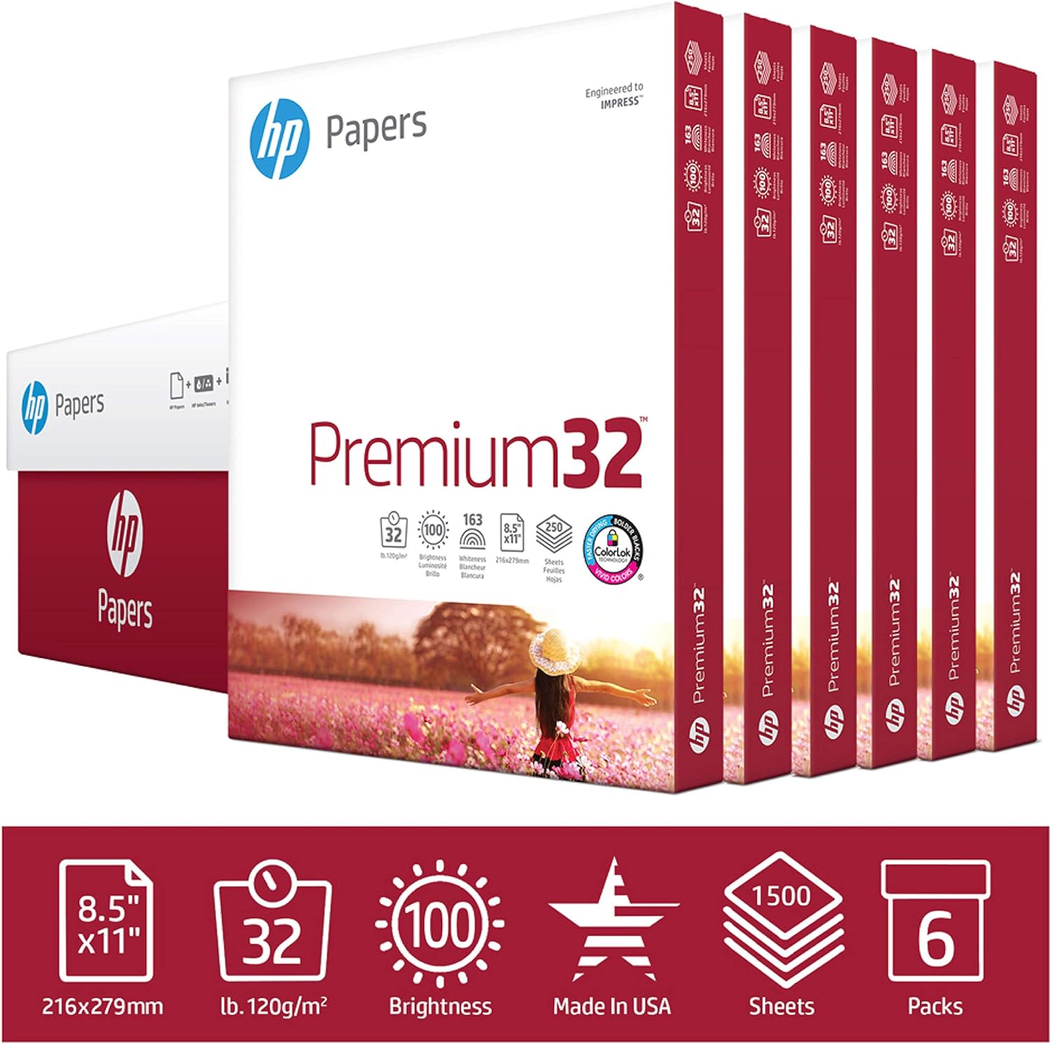 hp Printer Paper | 8.5 x 11 Paper | Premium 32 lb | 6 Pack - 1, 500 Sheets| 100 Bright | Made in USA - FSC Certified | 113500C : Office Products