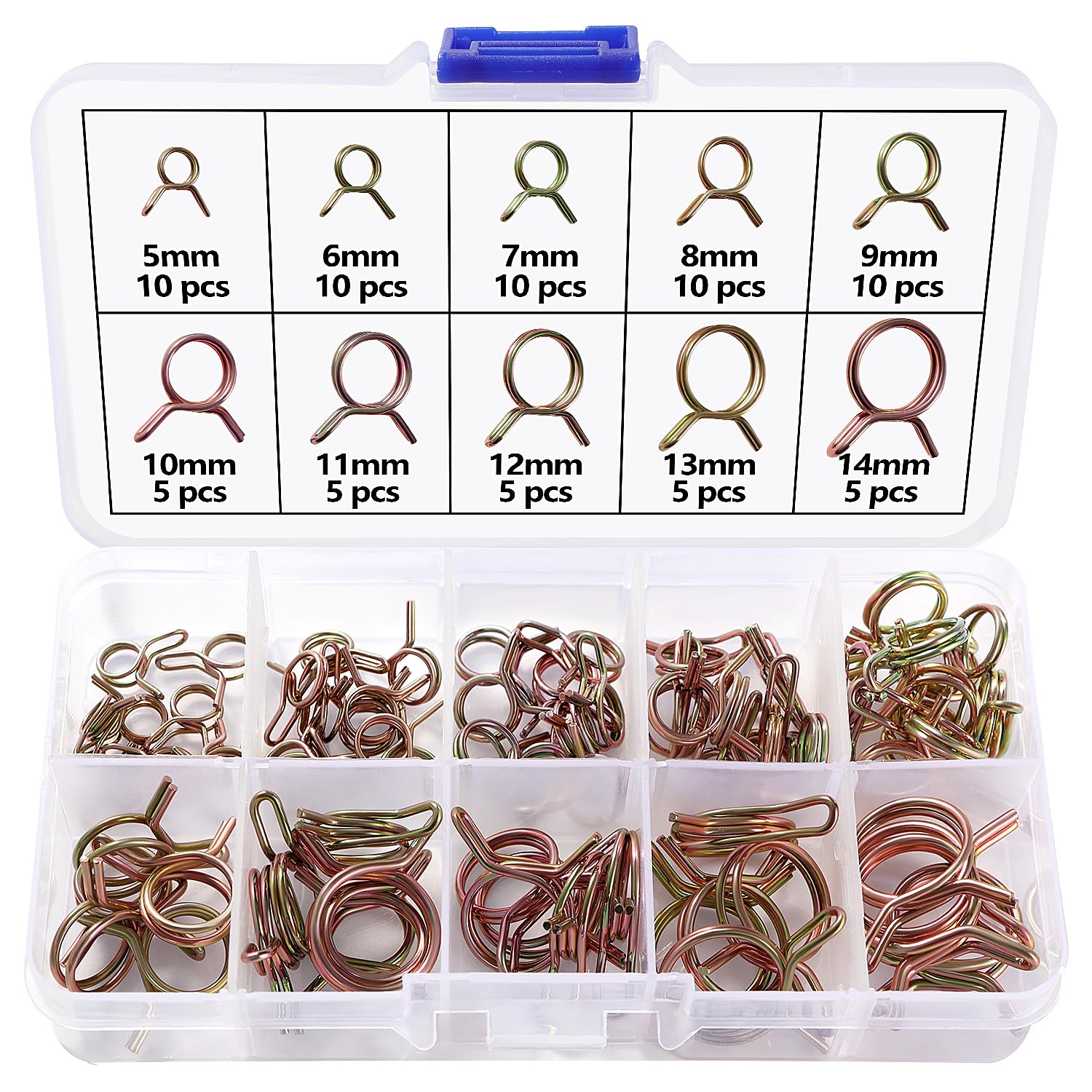 Lyeteung 75 PCS 10 Sizes 5-14 mm Double Wire Spring Hose Clamp Kit, Air Tube Clamps Fastener, Fuel Line Hose Tube Spring Clips, for Air Hose Fuel Pipe Silicone Hose, Gold