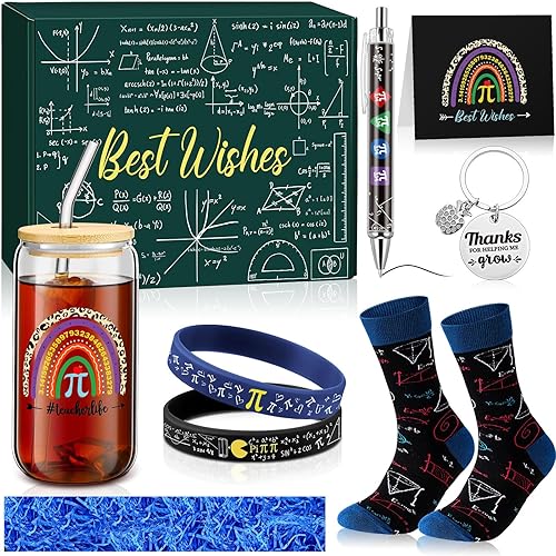 Skylety Back to School Gift Set for Teacher Funny Pi Glass Cup Bracelet Pen with Thank You Keychain and Card for Math Teacher's Day Christmas Graduation Retirement Appreciation Party Favor