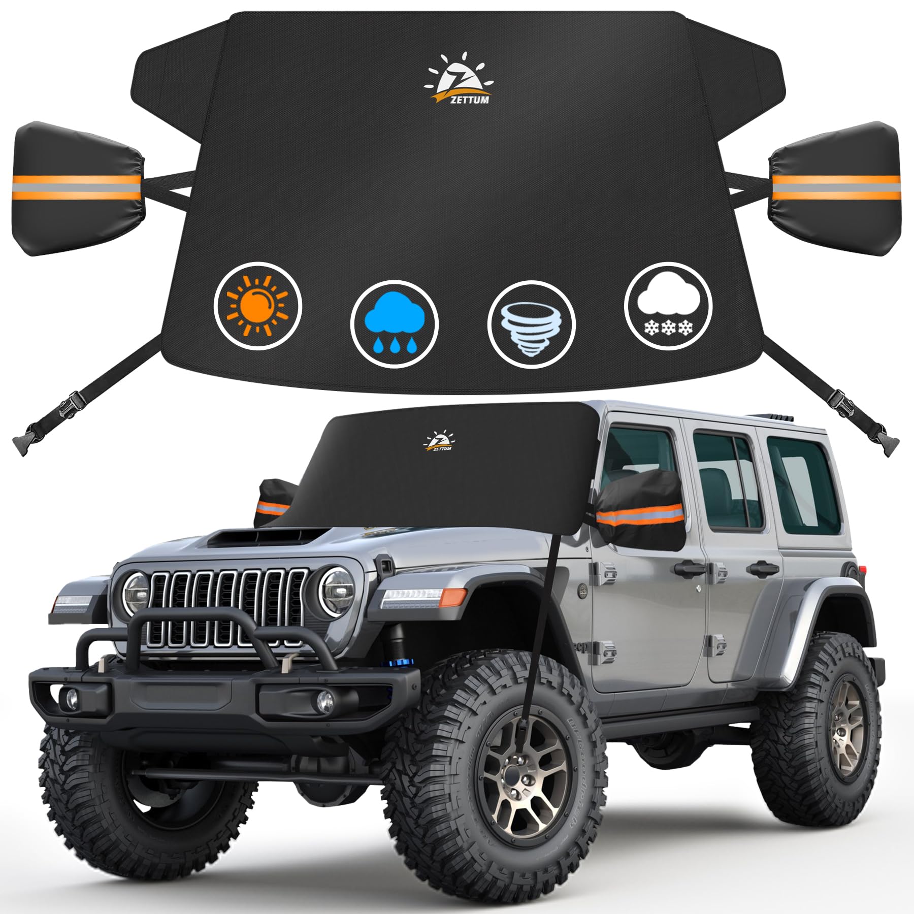 Zettum Car Windshield Snow Cover for Jeep Wrangler - 600D Car Windshield Snow Ice Cover Front Window Covers for Jeep Wrangler, Jeeps Gladiator, Ford Bronco, Toyota FJ Cruiser, Benz G Class, and More Image
