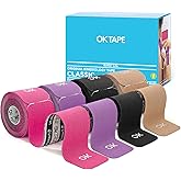 OK TAPE 4 Rolls Kinesiology Tape Precut, Cotton Elastic Athletic Tape Latex Free,20 Strips per Roll 2in x 16ft,Muscle Support,Mixcolor
