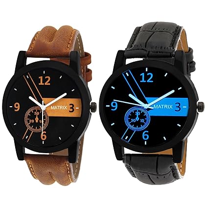 Matrix Black Dial & Leather Strap Analog Watch for Men/Boys- Combo (Pack of 2) (PR-170-192)