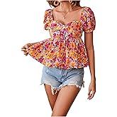Floerns Women's Floral Print Ruffle Hem Blouse Sweetheart Neck Puff Sleeve Vacation Peplum Top