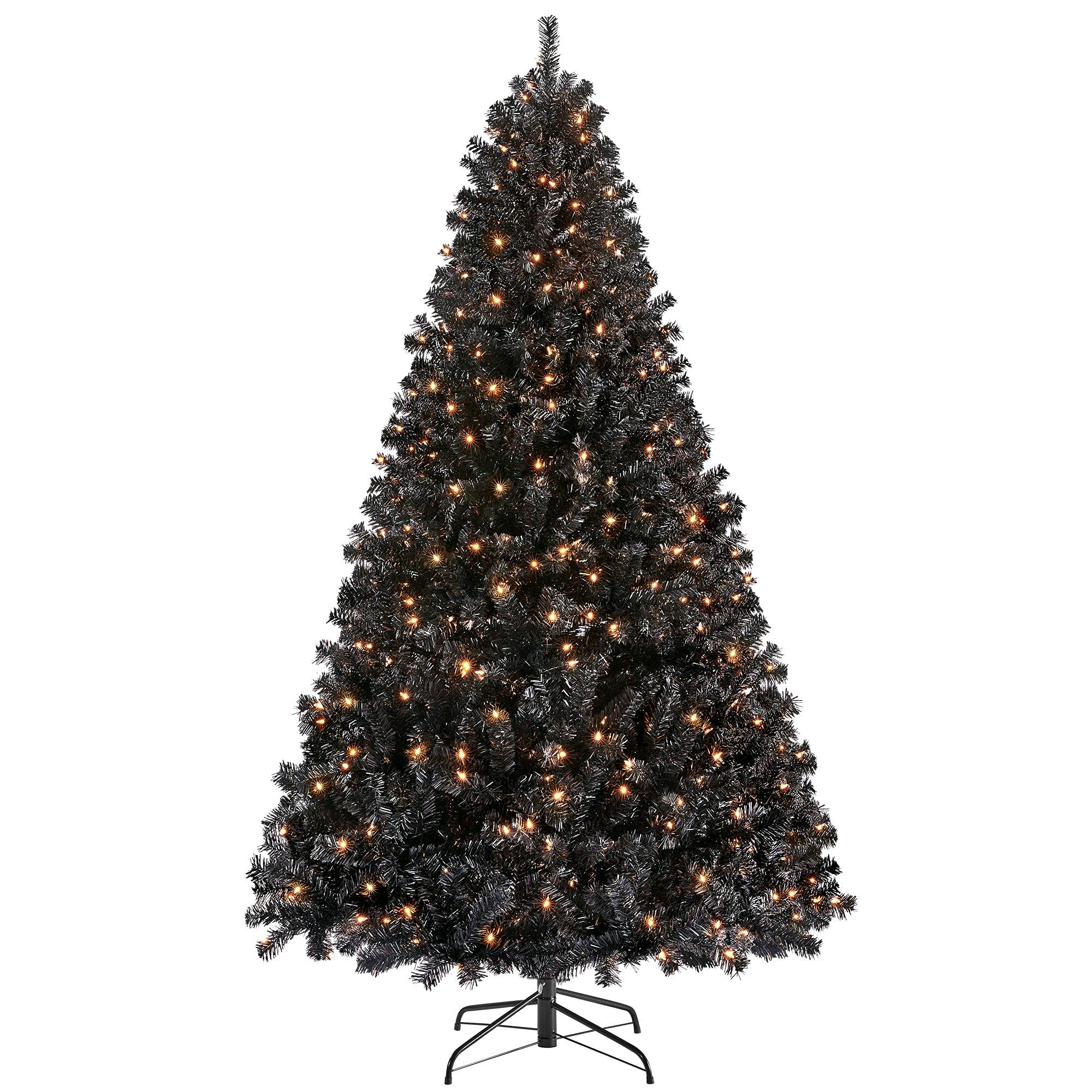 Yaheetech 6ft Pre-lit Halloween Black Spruce Artificial Hinged Christmas Pine Tree Prelighted Xmas Tree for Home Party Holiday Decoration with 300 Clear Warm White Lights and 818 Branch Tips, Black Image