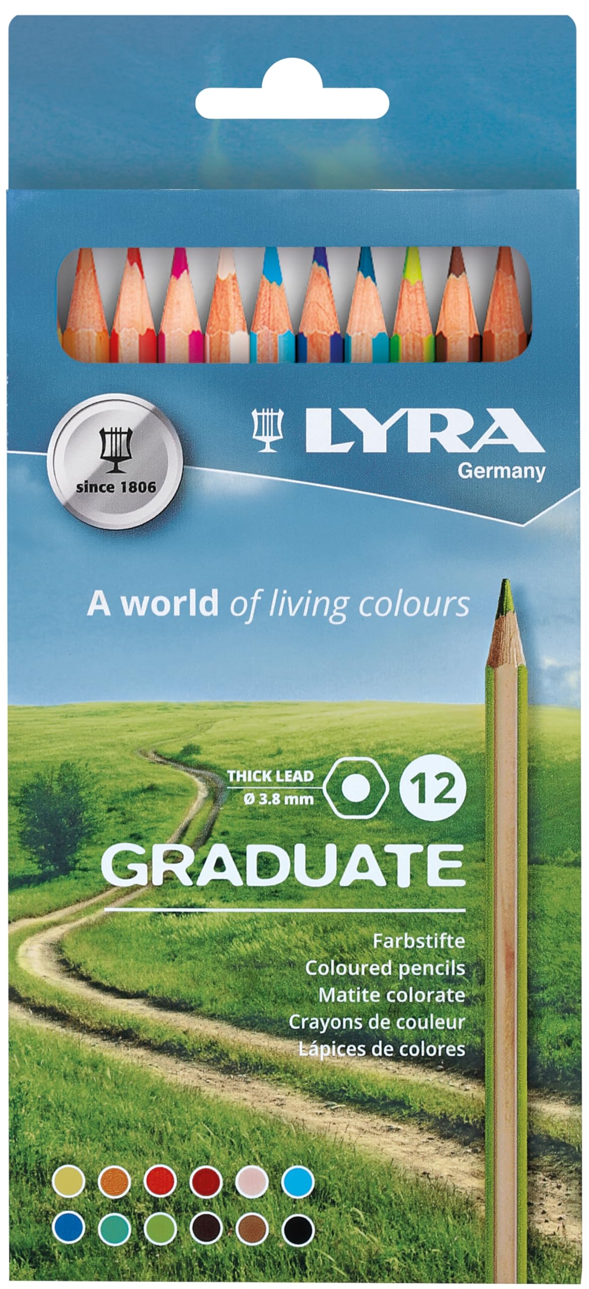 LYRA Graduate Colouring Pencils, 3.8mm Thick Lead, 12 Assorted Colours, Technical & Artistic Drawing, Cardboard Box, For Student Artists & Schools
