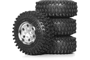 Dantenron 1.0 Crawler Tires and Beadlock Wheels Rims 1/18 Wheels 7mm Hex Offset -2.5mm 1/24 Super Soft Mud Tyres for 1:24 1:18 RC Rock Crawler Car Axial SCX24 AX24 FMS FCX24 FCX18 TRX4M 4Pcs (Silver)