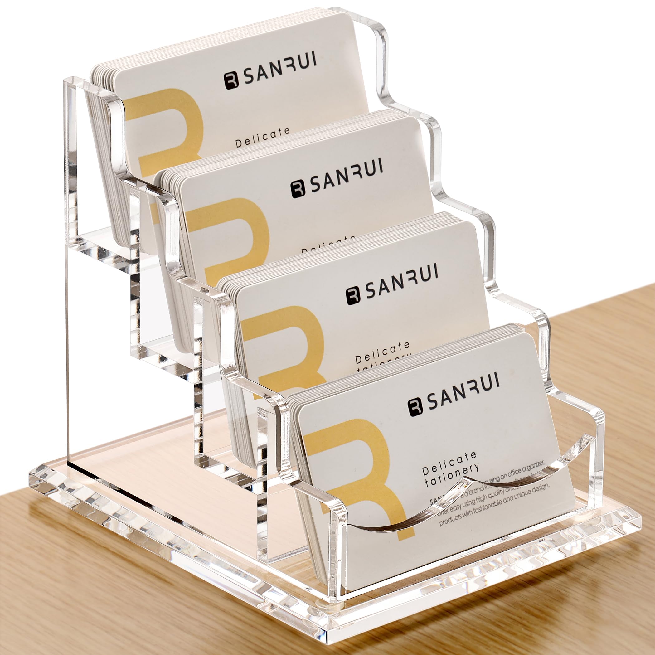 SANRUI Clear Business Card Holder Stand for Desk, Acrylic Desktop Horizontal Display Name Cards Holders Organizer Storage Rack,for Exhibition, Home , Office ,4 Tier 4 Pocket , 240 Card Capacity