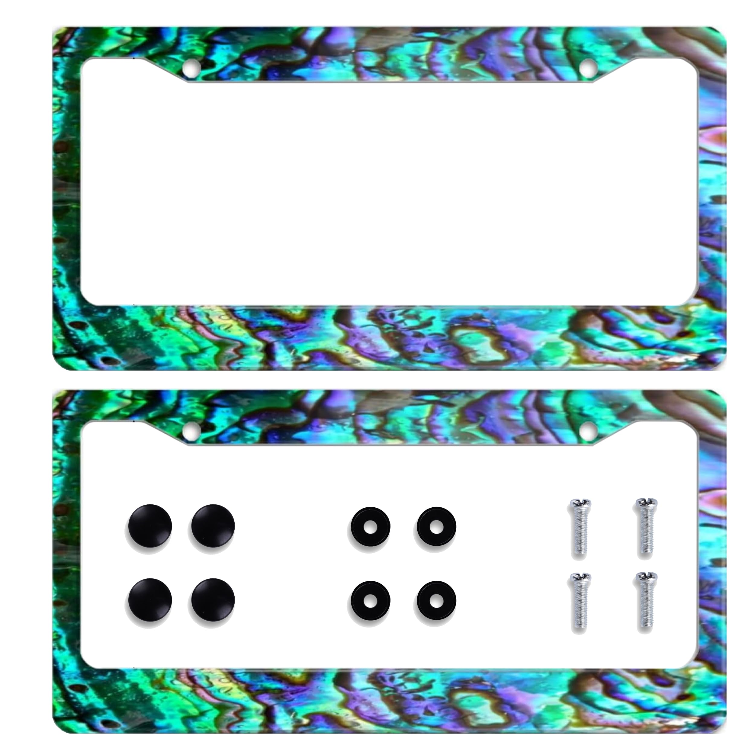 Photo 1 of Personalized 2 Pack License Plate Frame Stainless Steel Faux Abalone License Plate Accessory Decorative 2 Holes and Screws Fits US Standard License Plates Size: 12.2 x 6.3 Inches for Men Women