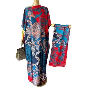 MOOQUERA Kaftan Dress with Matching Scarf Elegant Leopard Print Boho - Silky Loose Maxi Vacation Resort Wear