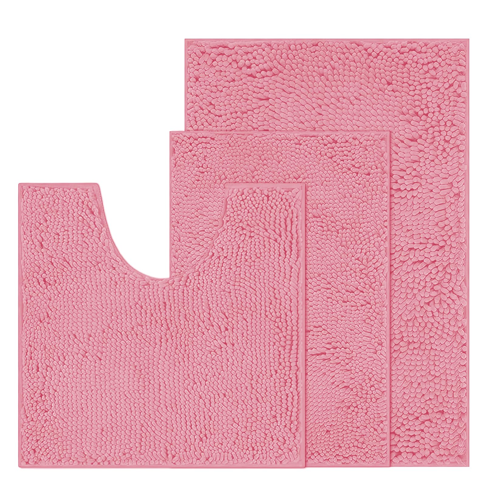 RUN HELIX Chenille Bath Mat, Non Slip Extra Soft Bath Toilet Mat 3 Pieces, Super Absorbent Bath Rug for Bathroom, Bedroom, Shower and Tub, Washable Quick Drying Bathroom Mat Pink