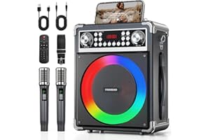 HUABAO Karaoke Machine with 2 Wireless Microphones, Portable Bluetooth Speaker of Adults & Kids, PA System with Remote & Ligh