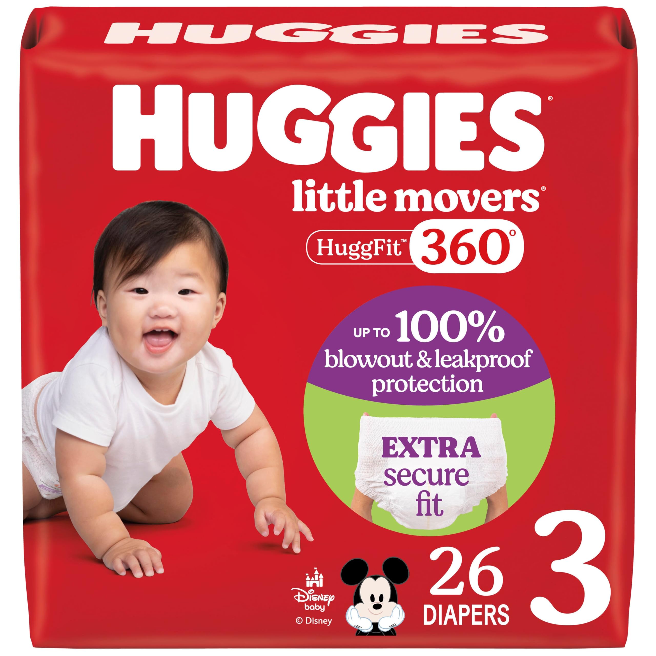 Photo 1 of Huggies Size 3 Baby Diapers, Little Movers HuggFit 360° Baby Diapers with 360° Waistband, Size 3 (16-28 lbs), 26 Count, Packaging May Vary
