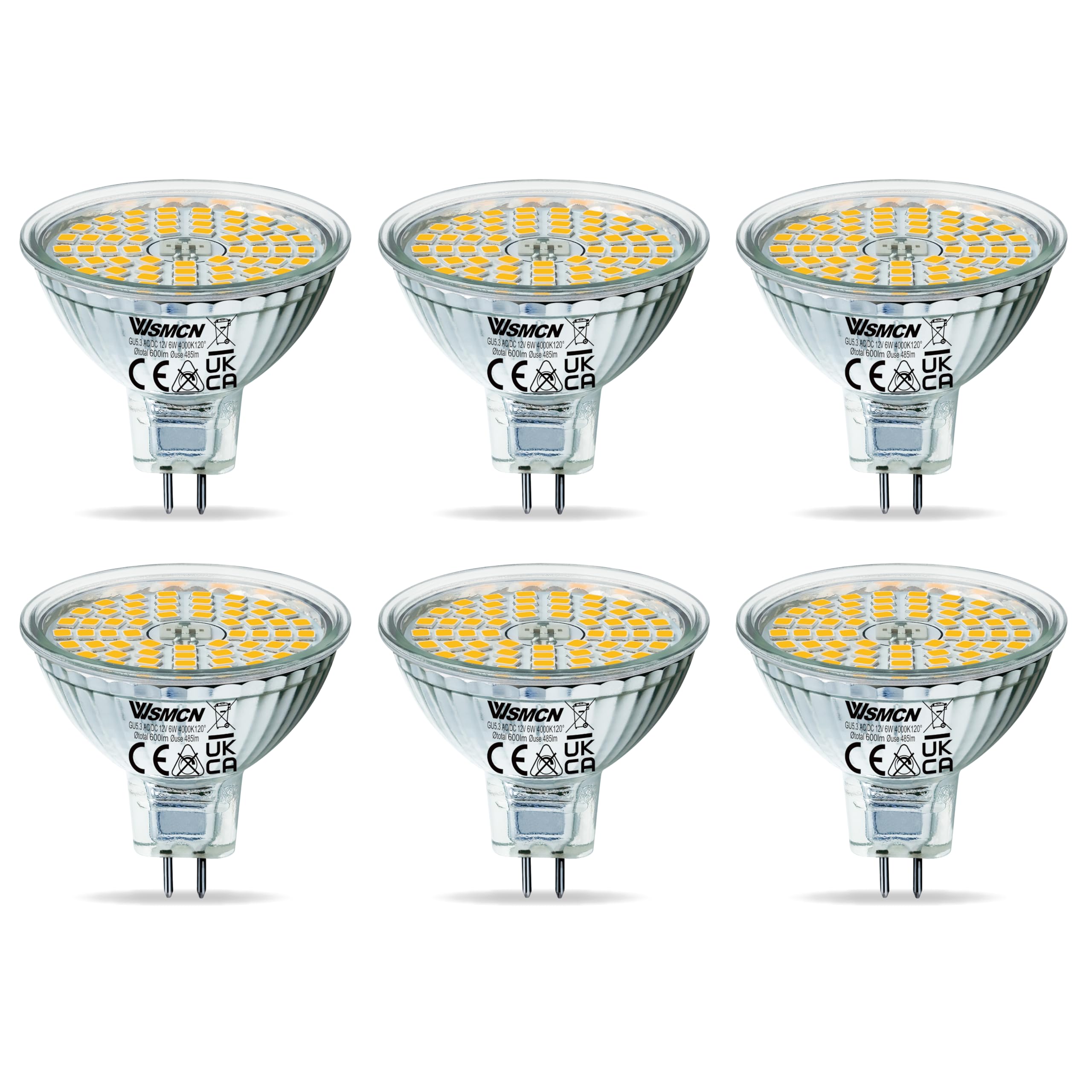 WSMCN MR16 GU5.3 LED Light Bulb 6W, Neutral White 4000K, 50W Halogen Spotlight Equivalent, Bi-Pin Base 12V 485LM, Non Dimmable, 120° Beam Angle, 6-Pack — image 1
