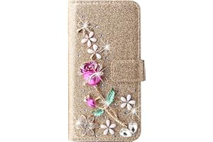 SLLMYYX Wallet Case Compatible with Samsung Galaxy A15 5G, Glitter Rose Flower Diamond Pu Leather Phone Cover (Glod)