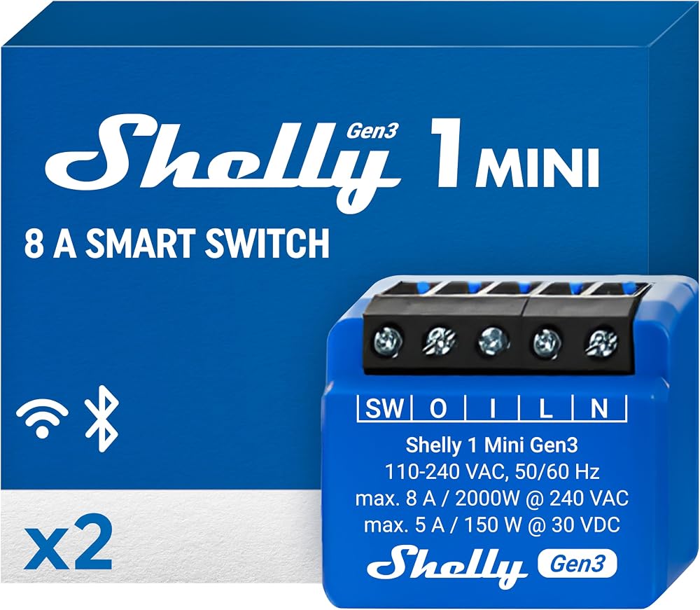 Shelly 1 Mini Gen3 1 Channel WiFi Matter Relay 8A Dry Contacts 2 Pack