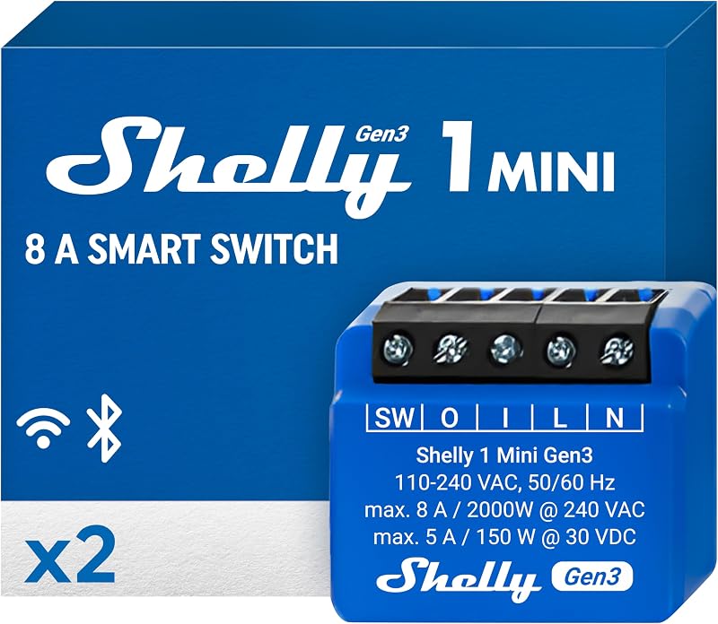 Shelly 1 Mini Gen3 1 Channel WiFi Matter Relay 8A Dry Contacts 2 Pack