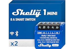 Shelly 1 Mini Gen3 | WiFi Smart Switch Relay 1 Channel 8A | Home Automation | Bluetooth Gateway | Compatible with Alexa & Google Home | iOS Android App | No Hub Required | Dry Contacts (2 Pack)
