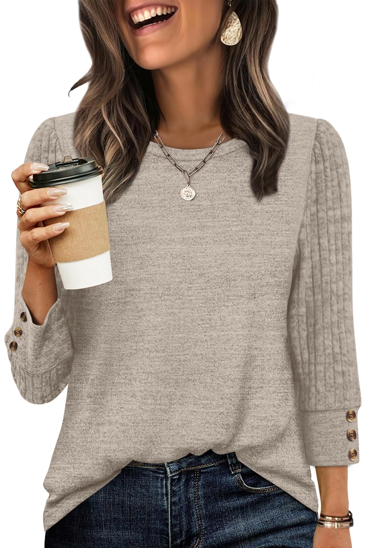 WIHOLL Long Sleeve Shirts for Women Lightweight Sweaters 3/4 Length Sleeve Fall Outfits 2025 Winter Clothing Dressy Casual