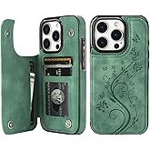 Vaburs Compatible with iPhone 16 Pro Case Wallet with Card Holder,Embossed Butterfly Pattern PU Leather Double Buttons Flip Protective Shockproof Cover for Magnetic Car Mount 6.3 Inch (Dark Green)