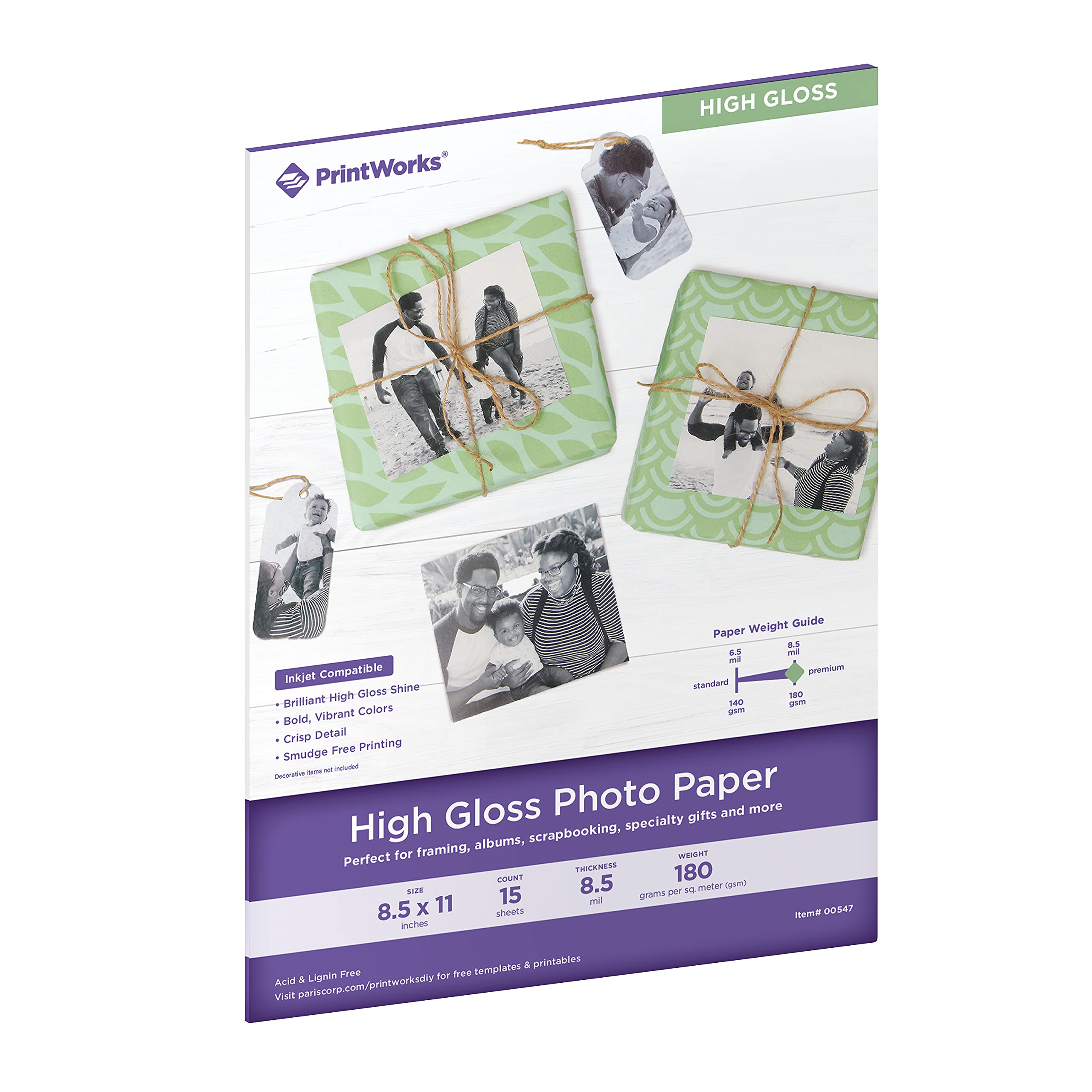 Printworks High Gloss Photo Paper for Inkjet Printers, 8.5 mil, 15 Sheets, 8.5” x 11” (00547), White