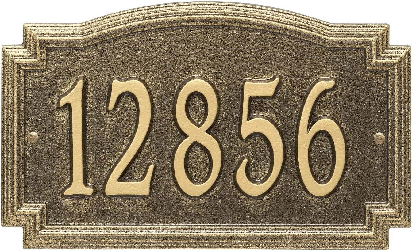 Address Signs - Whitehall Barcelos Personalized Cast Metal Address Plaque Custom House Number Sign 3343AB with One Line in Antique Brass Color 14 X 8.5