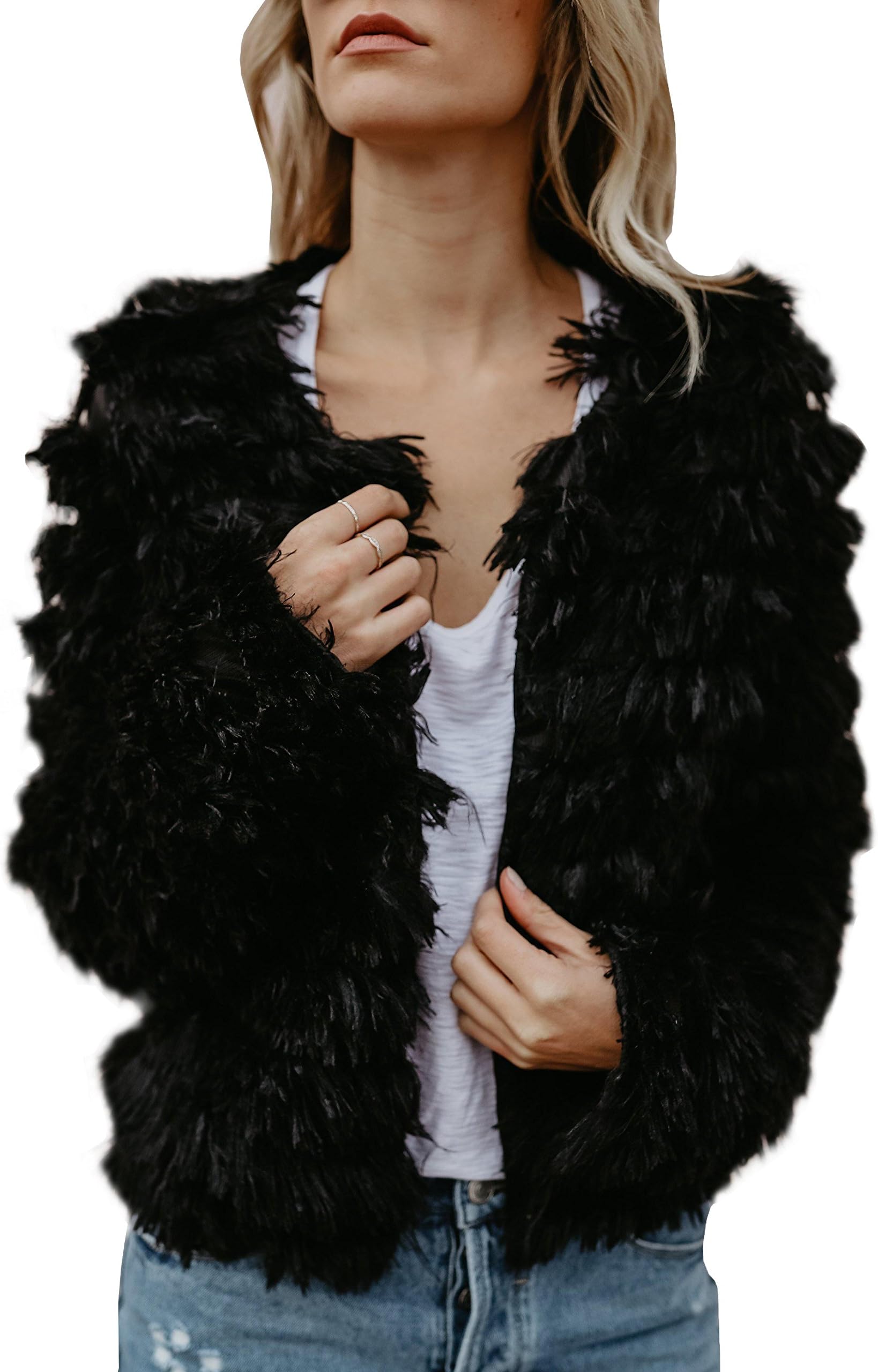 Womens Coat Long Sleeve Open Front Parka Shaggy Faux Fur Coat Jacket Parka