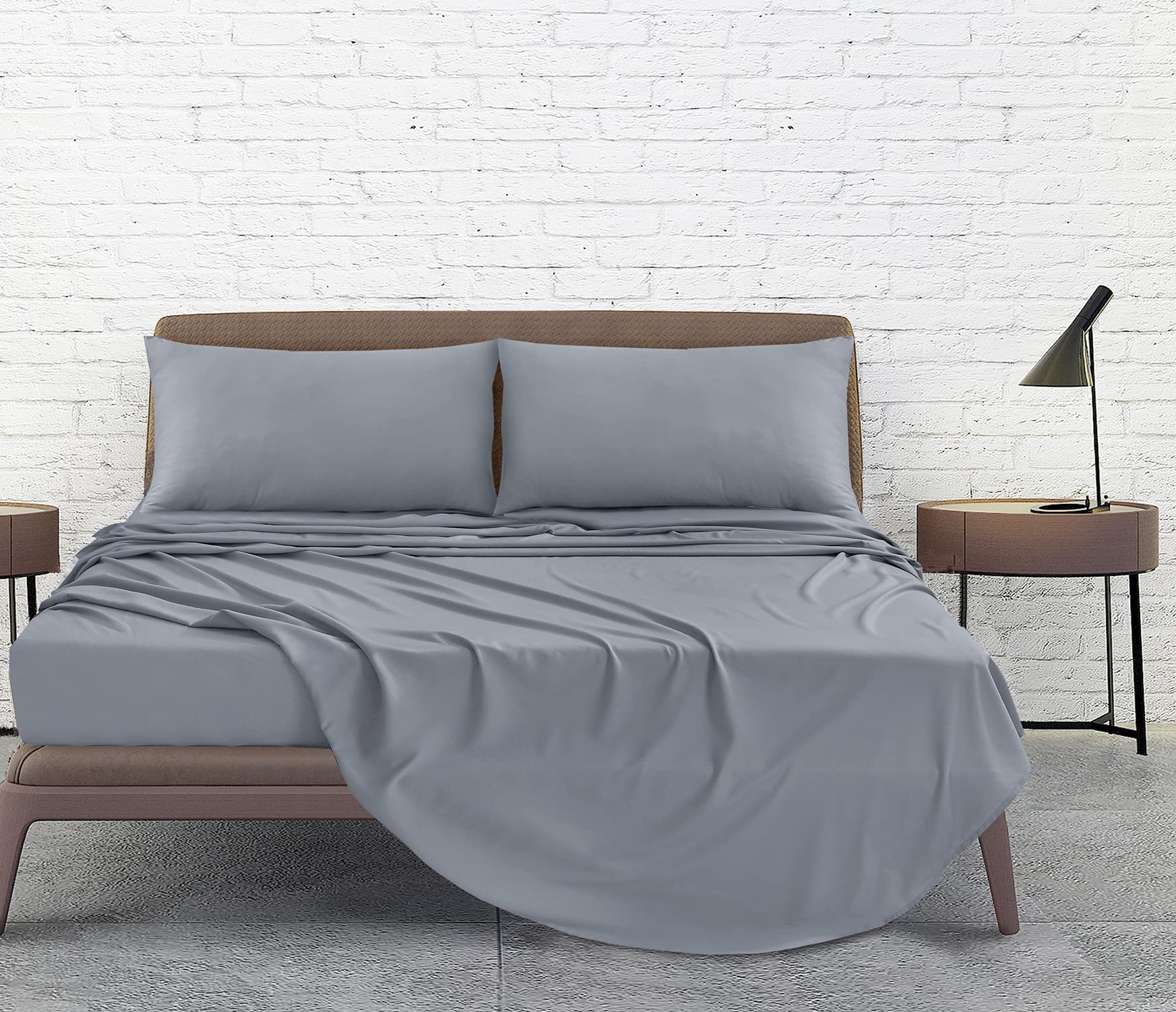 Linen Home Double Bed Sheet Set - 4Pcs Easy Care Brushed Microfiber Sheet Set Double Size Super Soft Wrinkle Free Bedding Set- Flat, Fitted Sheets & Pillowcases (Double, Grey)