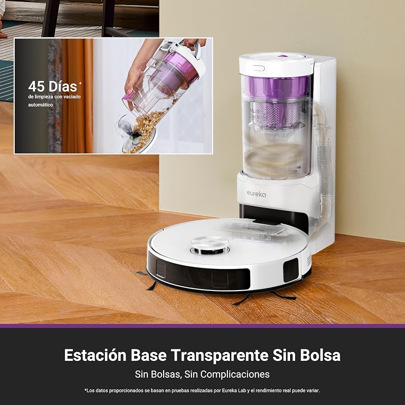 Aspirador de pó robô com esvaziamento automático eureka e20 plus, 8000 pa, esvaziamento automático de poeira, vida útil da bateria de 180 minutos, duodetect ai 3d para evitar obstáculos, para tapetes e pêlos de animais de estimação, branco