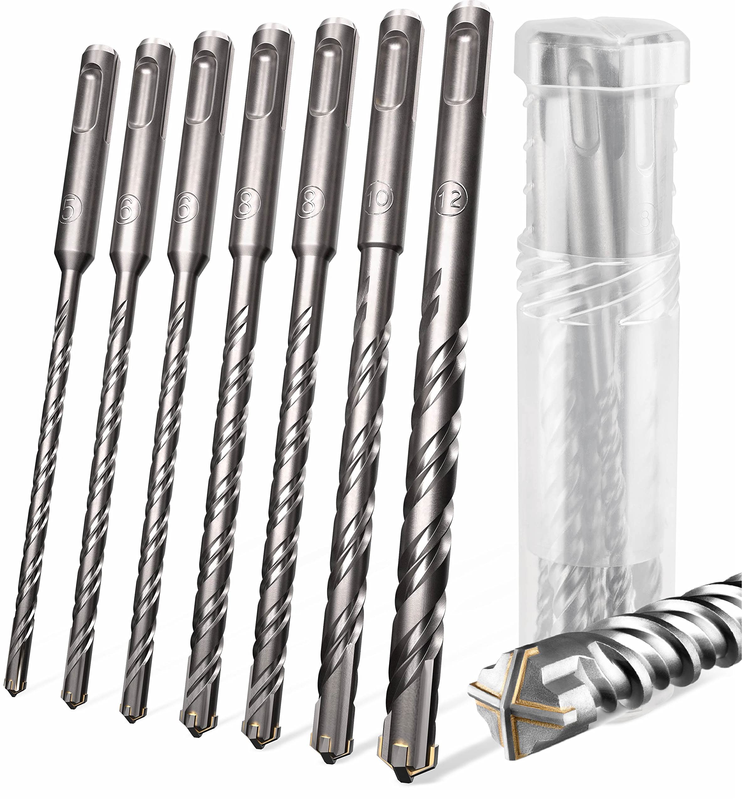 SDS-Plus Drill bit Set | Hammer Drill Set | 7-Piece | 4 Solid Carbide Sheaths | 5,6,6,8,8,10,12 x 160 | in a Practical Rotary Box