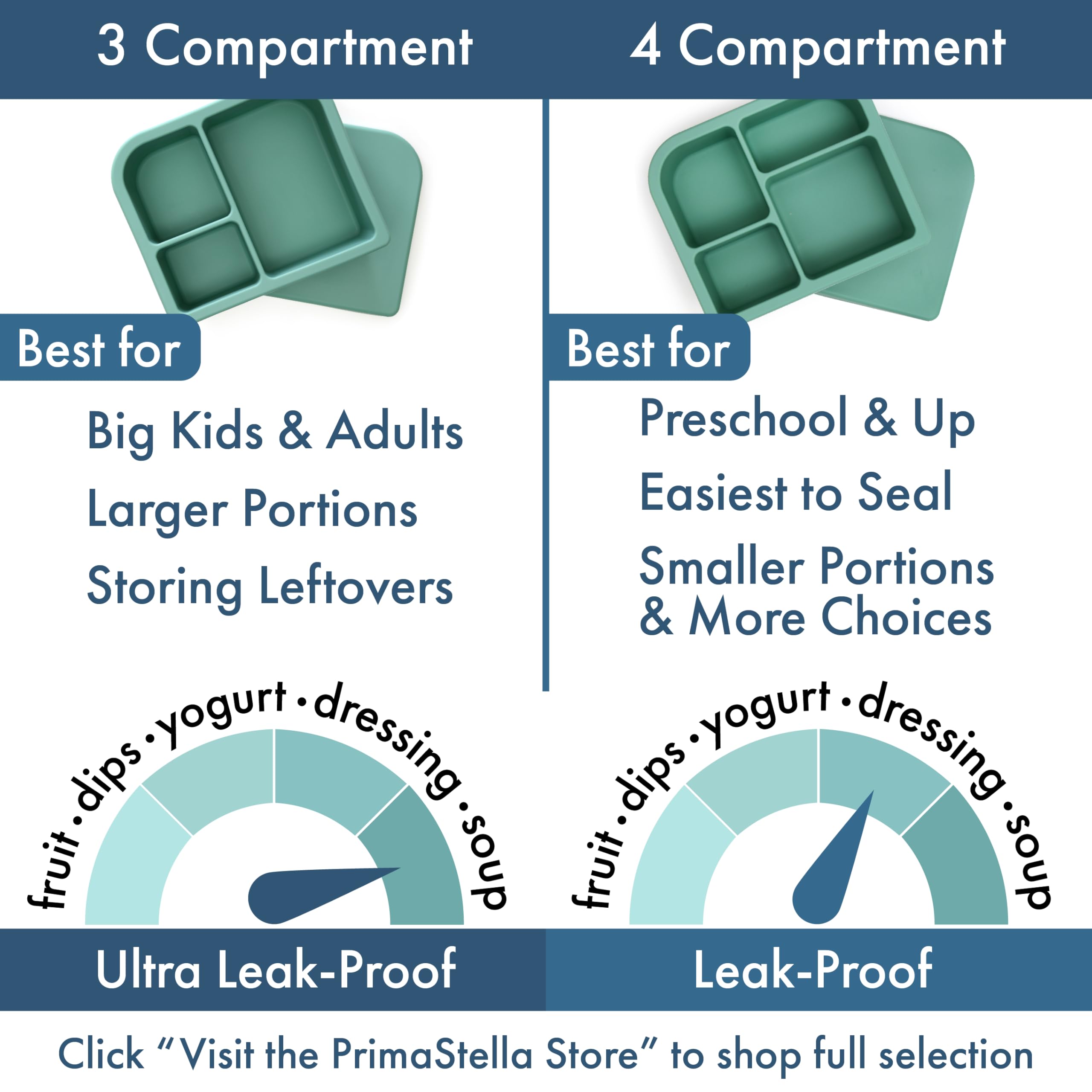PrimaStella Unbreakable Silicone Lunch Box for Kids and Adults - Leak Proof Divided Bento Box (Green)