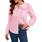 LOOKBOHO Women Spring Long Sleeve Shirts Peter Pan Collar Button Down Puff Sleeve Blouse Lightweight Casual Cotton Tops
