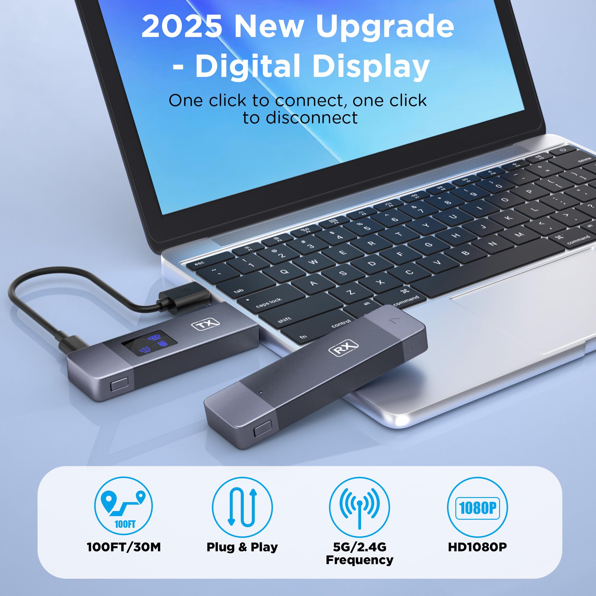 2025 Upgraded Wireless HDMI Transmitter and Receiver, 4K Decode 1080P@60Hz Ultra HD Video Output, LED Display, Plug&Play 5G+2.4G for Video and Audio to Monitor from PC/Projector/TV Box