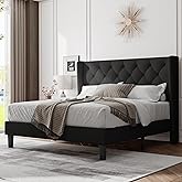 Feonase Full Size Bed Frame with Upholstered Wingback Headboard,Button Tufted Platform Bed and Heavy Duty Wooden Slats Support,Easy Assembly, Noise-Free,No Box Spring Needed, Black