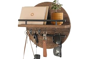 Gurfuy Key Holder for Wall with Shelf - Wood Mail Organizer and Rack with Shelf Hooks Wall Mounted for Entryway Decor Magazines Letter Storage Farmhouse Living Room Bedroom Doorway (Rustic Brown)
