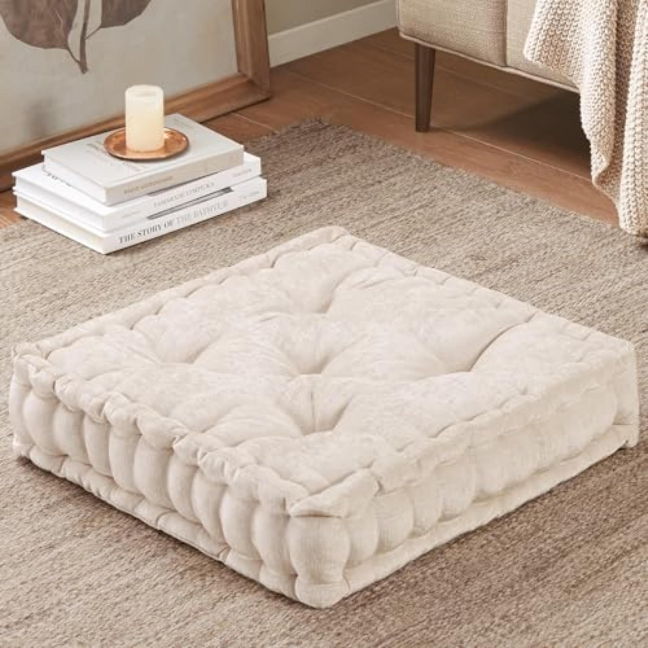 Intelligent Design Azza Floor Pillow, Large Cushions Sitting for Adults, Floor Pillow for Meditation or Yoga, Lustrous Chenille Tufted with Scalloped Edges for Bench/Chair Cushion, 20"x20"x5" Ivory - Image 2
