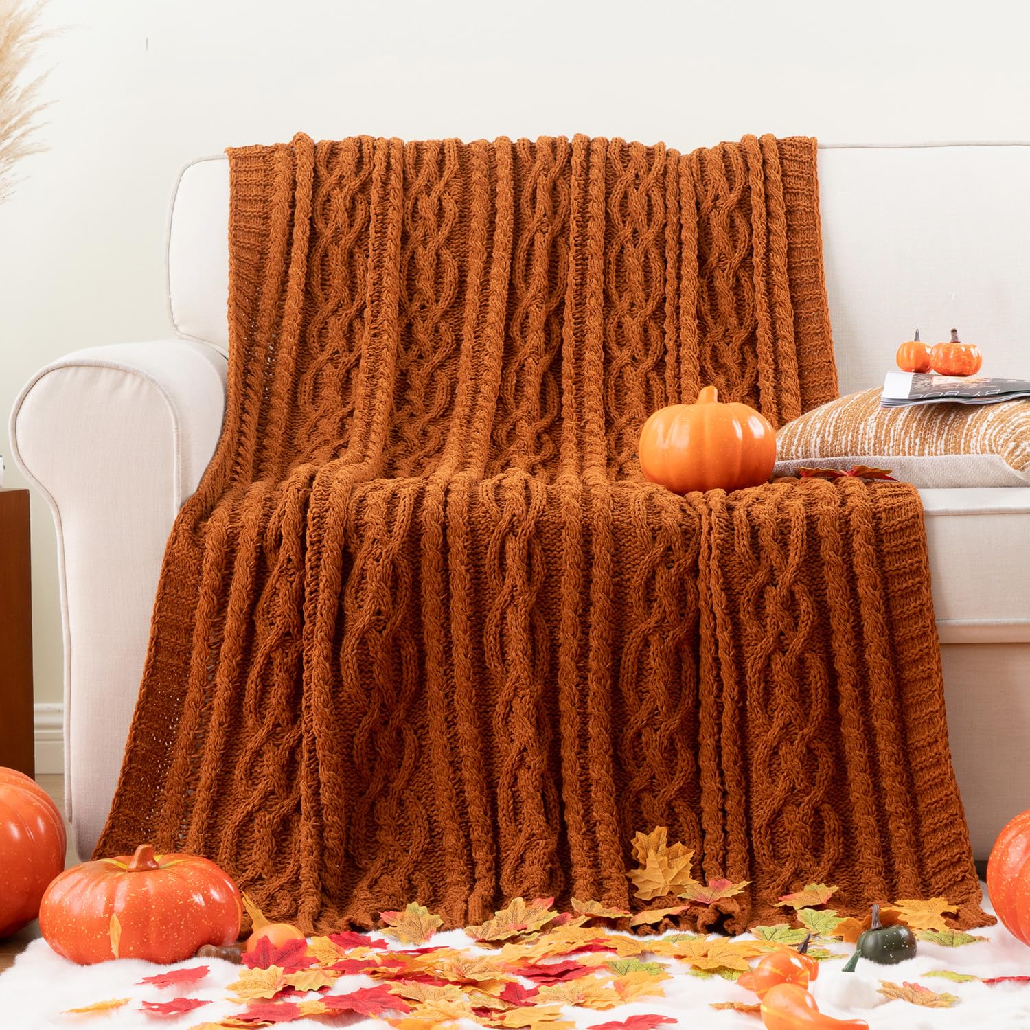 Battilo Caramel Throw Blanket for Sofa, Chenille Rust Throw Blankets 130x170cm, Super Soft Warm Cable Knit Throw, Boho Decorative Autumn Fall Throw Blanket for Bed Chair Couch Living Room — image 1