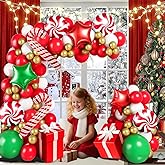 129Pcs Christmas Balloon Garland Arch Kit, Red Green White Gold Balloons with Candy,Red Star, Green Star, Cane Foil Balloons for New Year Xmas Party,Birthday,Baby Shower Decorations