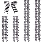 Meseey 50 Pcs 3 Inches Twist Tie Bows Black and White Buffalo Plaid Check Pretied Grosgrain Ribbon Bows for Treat Bags Gift Wrapping Basket Wedding Baby Shower Brithday Christmas Party