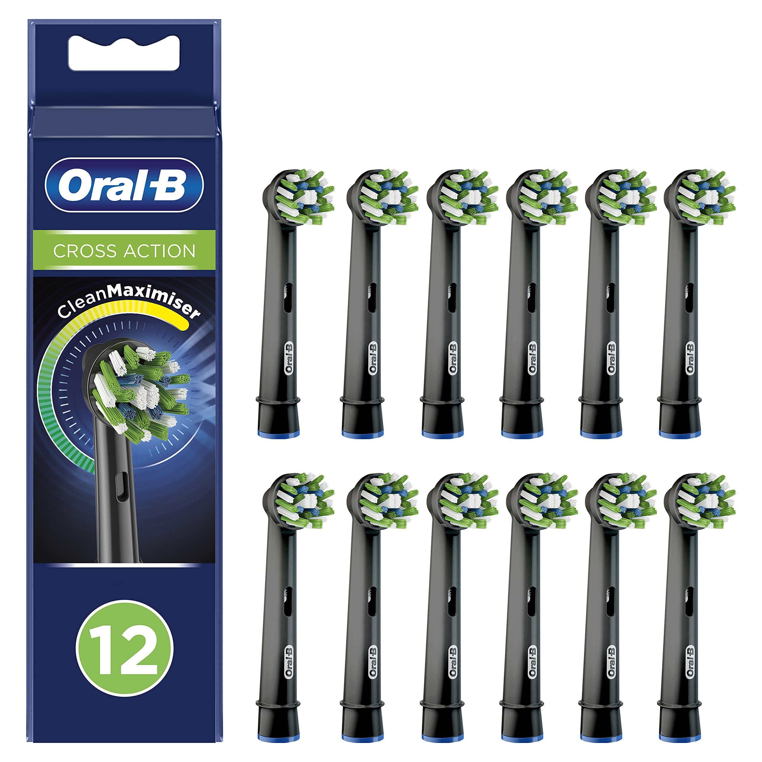 Oral-B Cross Action Electric Toothbrush Head with CleanMaximiser Technology, Angled Bristles for Deeper Plaque Removal, Pack of 12 Toothbrush Heads, Recyclable Carton, Suitable for Mailbox, Black