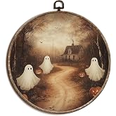 Yorhifa Vintage Ghost Pumpkin Halloween Framed Wall Art, Cute Spooky Ghost Round Wall Art, Dark Cottage Fall Round Walls Decor, Rustic Autumn Circle Canvas Artwork Hanging Decor, 10x10in