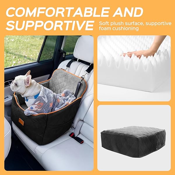 HIPETPY DOG CAR SEAT 6″ ELEVATED MEMORY FOAM BOOSTER SEAT FOR SMALL MEDIUM DOGS UNDER 35 LBS WITH PET BLANKET, WASHABLE PET CAR SEAT WITH SAFETY LEASH, ANTI-SLIP BASE AND STORAGE POCKETS