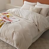 Double Stitch GOTS Organic Cotton King Duvet Cover, Washed 300TC, Greige | Luxury Long Staple Sateen with 8 Interior Ties; Breathable, Machine Washable, Shell Buttons, Hotel Weave with 2 Pillow Shams