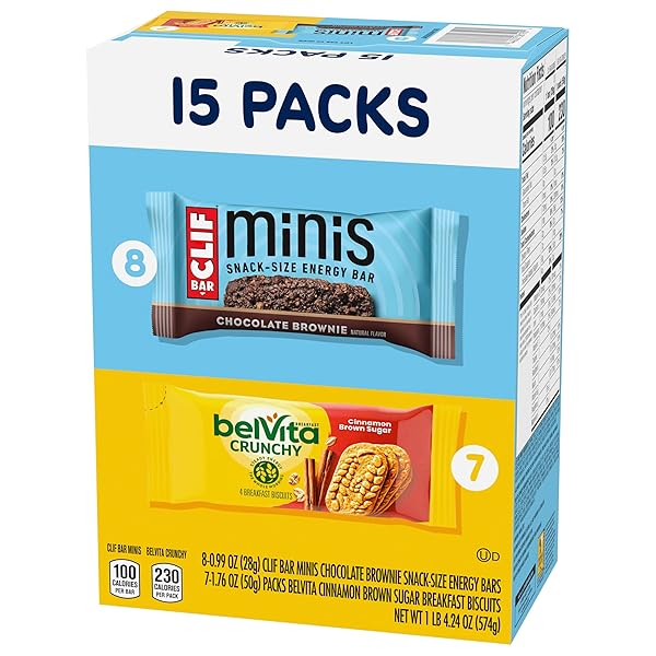 CLIF BAR MINIS ENERGY BARS & BELVITA CRUNCHY BREAKFAST BISCUITS, SNACK VARIETY PACK, 15 SNACK PACKS