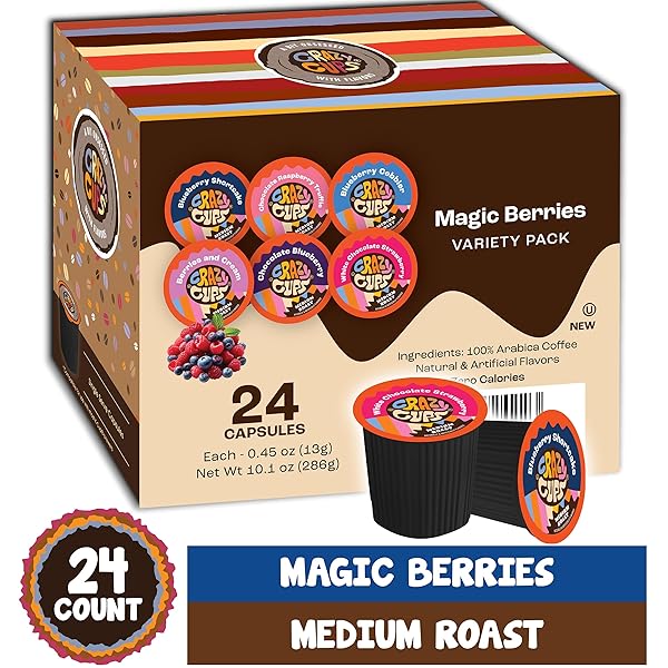 CRAZY CUPS BLUEBERRY COFFEE PODS VARIETY PACK, MAGIC BERRIES FLAVORED COFFEE, SINGLE SERVE RECYCLABLE PODS COMPATIBLE WITH KEURIG K CUP BREWERS, 24 COUNT